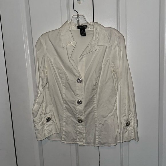 Spense white cotton structured button down blouse top w/bling buttons, elegant S - Picture 1 of 6